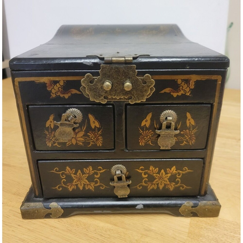 Vintage Wooden Black Gold Chinese Dragon Phoenix Mirrored Jewelry Box